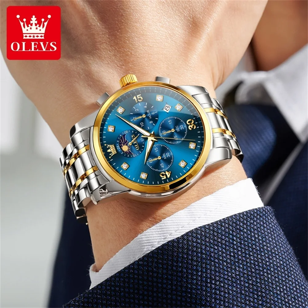 OLEVS 3652 Mens Watch Original Brand Multifunctional Chronograph Quartz Watch Waterproof Luminous  Automatic date Watch For Man