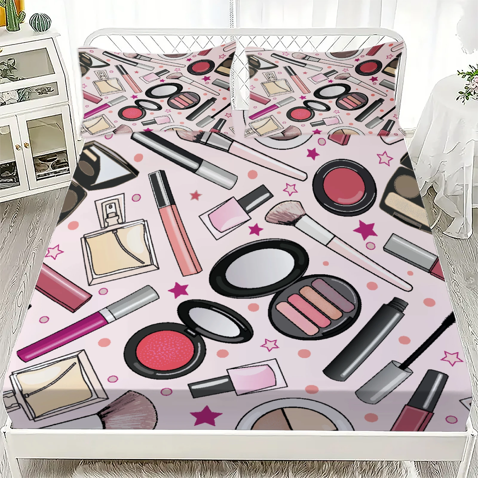 3pcs Pink Fitted Sheet Set For Girls Makeup Tools And Cosmetics Pattern Printed Soft 100% Polyester Flat Sheet With Pillowcases