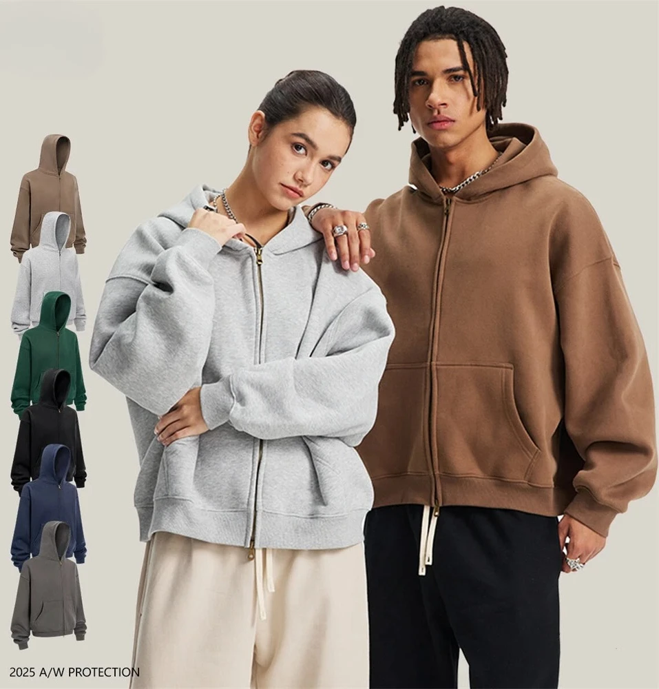 

Зимние мужские толстовки с капюшоном на двойной молнии, пальто, однотонные флисовые толстовки с капюшоном унисекс, 350 г/м2