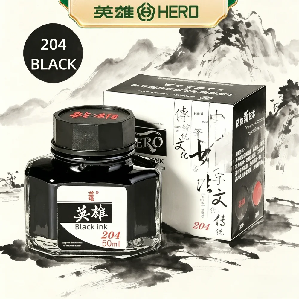 204 Hero Metal Fountain Pen Blue Black 50ml Bottled Ink Classic Non Blocking Formula Smooth Gliding for School Office Drawing