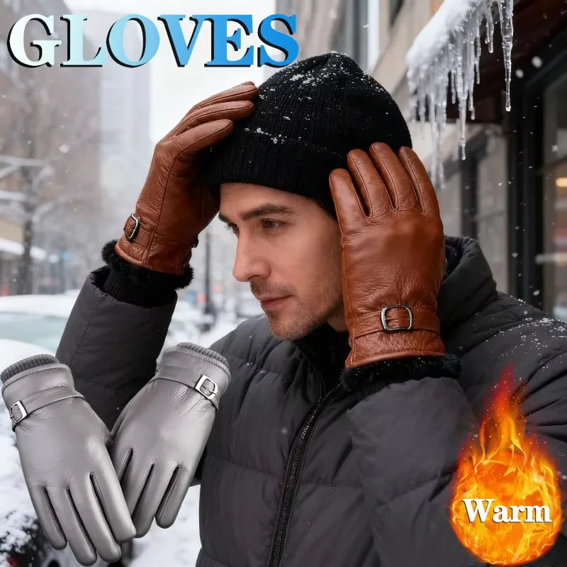 1-4Pairs Men Warm Fleece Lined Leather Gloves Water Resistant Windproof Touchscreen for Skiing Riding Cold Weather Gift