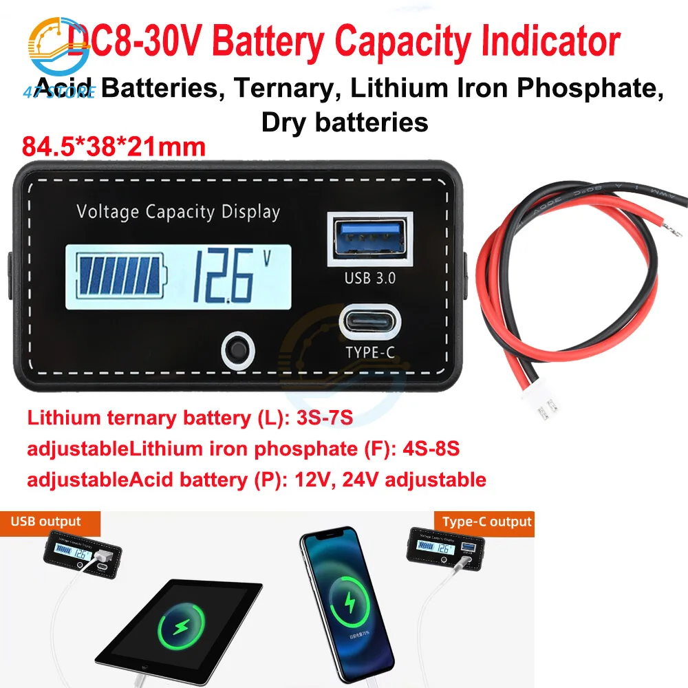 

DC 8-30V Battery Capacity Indicator Lead-Acid Lron-Lithium Ternary Lithium Measurement with USB and Tpye-C for Car Motorcycle