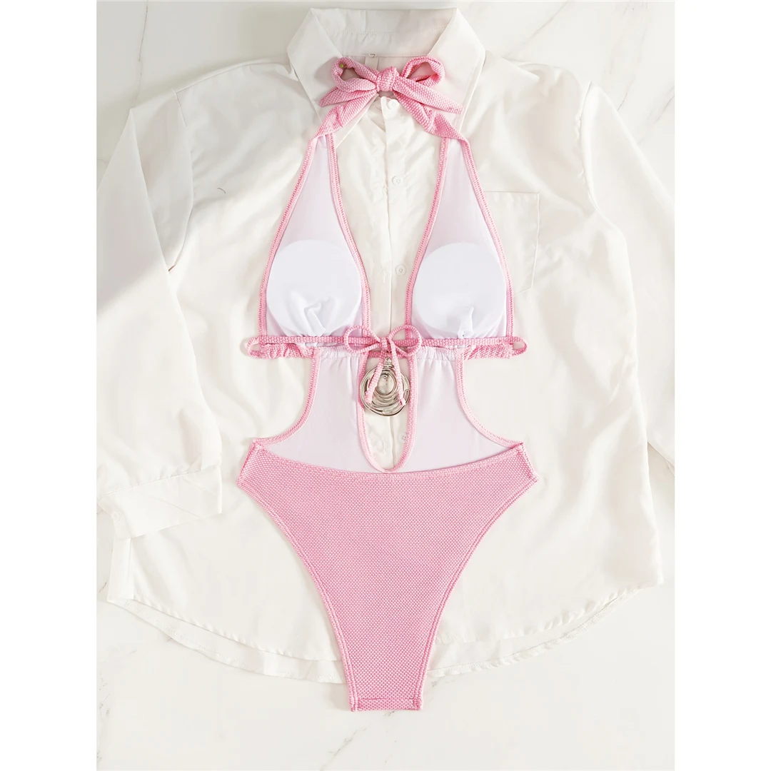 2026 Halter-Badeanzug mit tiefem V-Ausschnitt und Metallring für Damen, einteiliger Badeanzug, Monokini, hoch geschnittene Beine, Badebekleidung, Badeanzug V7852 – Detail 6