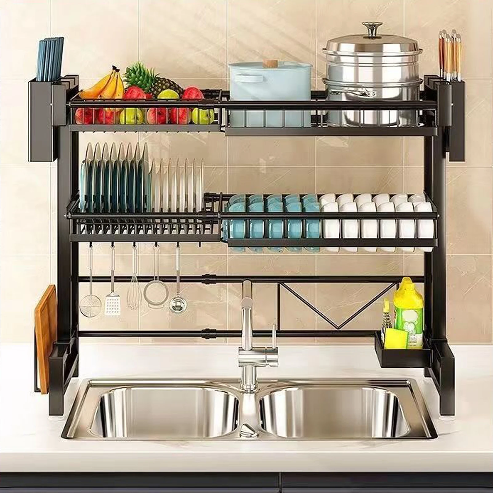 Telescopic 2 Tier Dish Bowl Drainer Storage Rack Kitchen Dish Drying Rack with Drain Basket Countertop Dinnerware Organizer