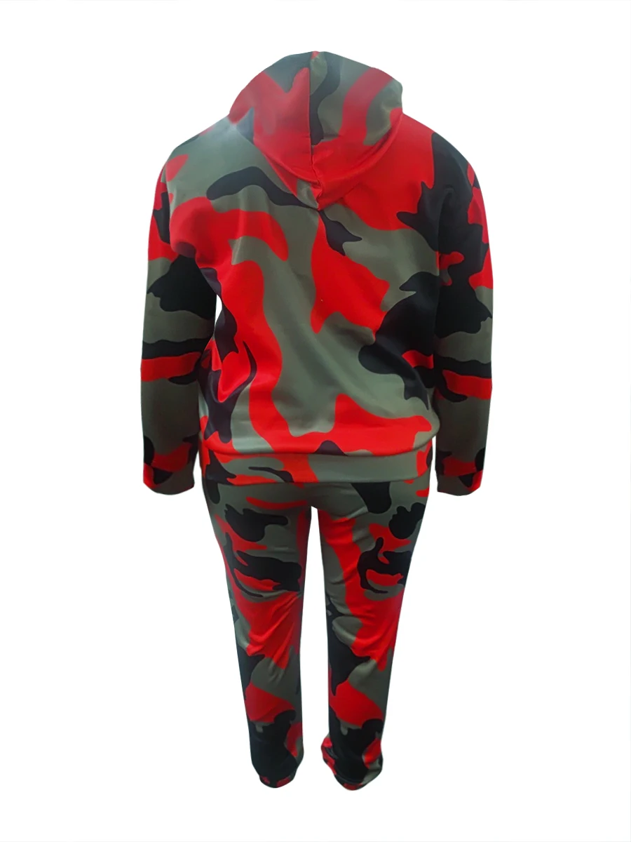 LW Plus Size spessa due pezzi set Camo stampa tasca tuta Set autunno inverno caldo tuta manica lunga con cappuccio e pantaloni set