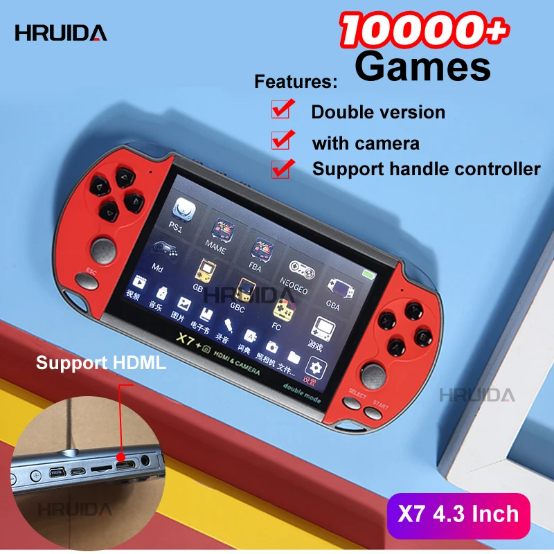 X7+4.3-inch Video Game Console Two Hand Handle Handheld Retro Game Console With Built-in 10000+games HD Video Support controller