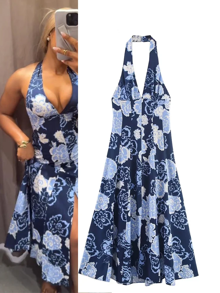 

HH Women Blue Print Neck Halter Zipper Elegant Slim Party Dress 2025 Woman V-Neck Sleeveless Backless Sexy Midi Dress