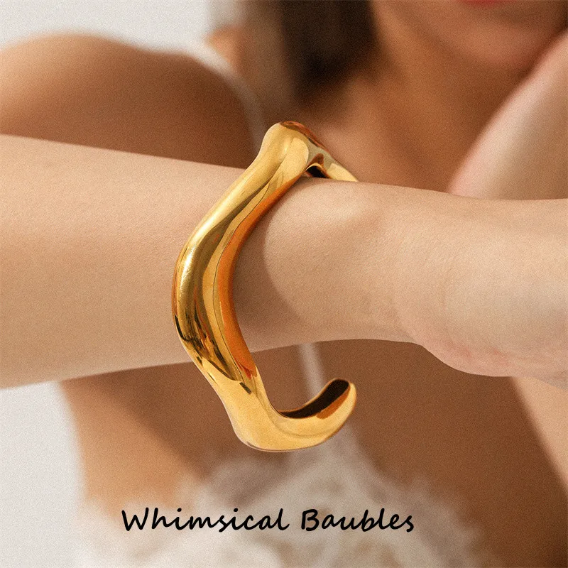 

Trendy Chunky Stainless Steel 18K Gold Plated Water Drop Classic Tin Alloy Bracelet Chubby Bangle for Women Jewelry