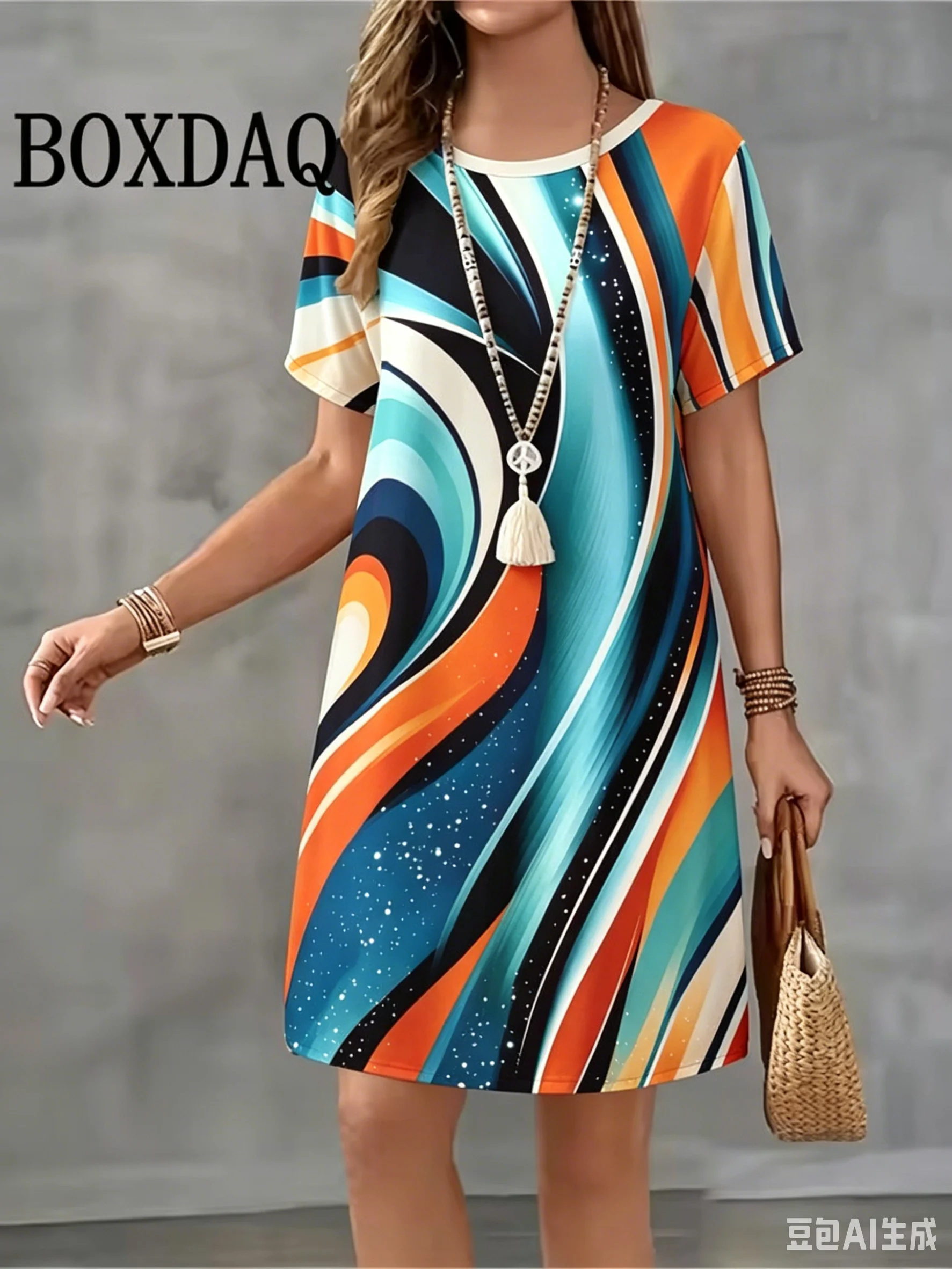 Summer new round neck short sleeved abstract design printed loose and fashionable women's dress