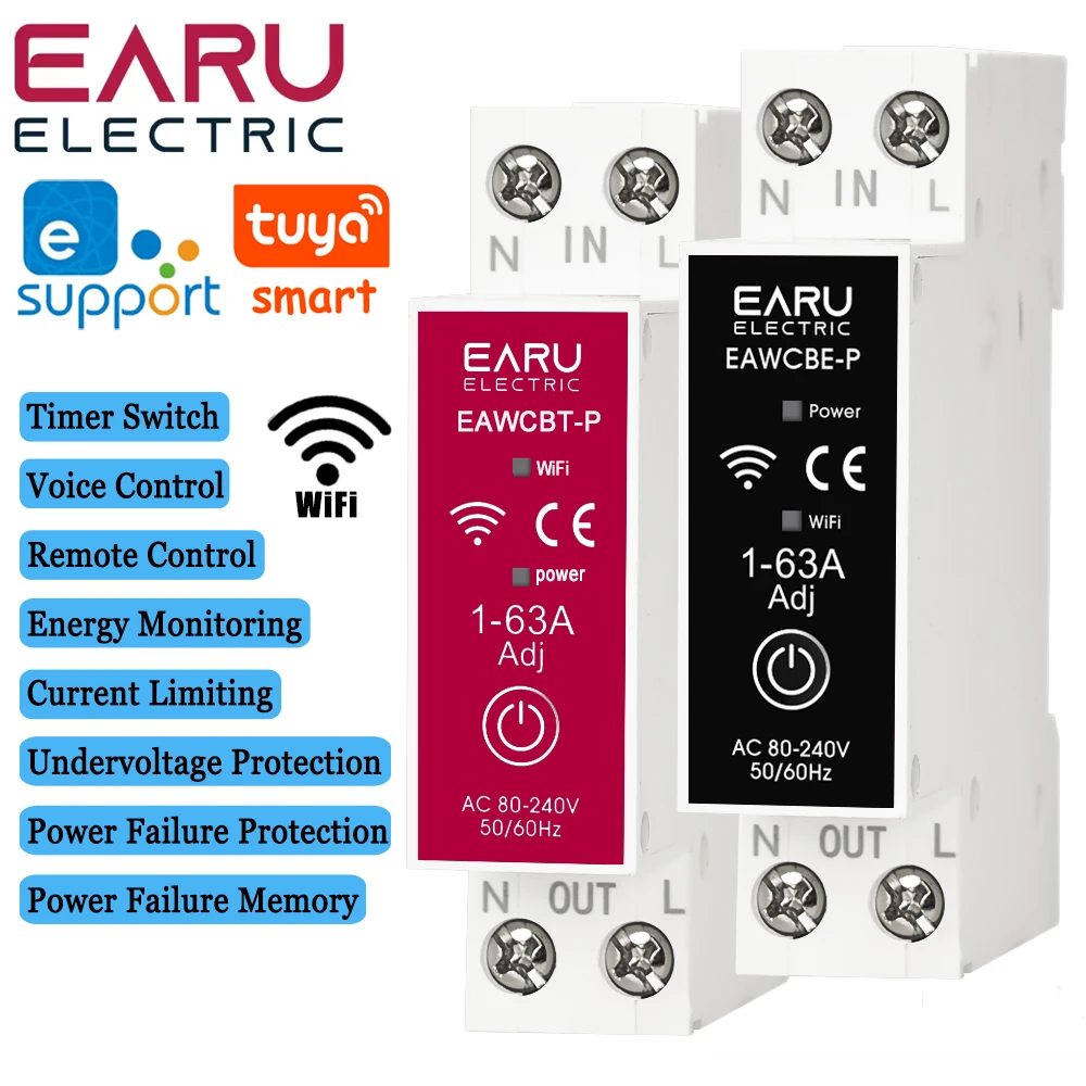 

1P+N 63A Tuya eWeLink WiFi Smart Circuit Breaker MCB Time Power Energy kWh Voltage Current Meter Protector Voice Remote Control