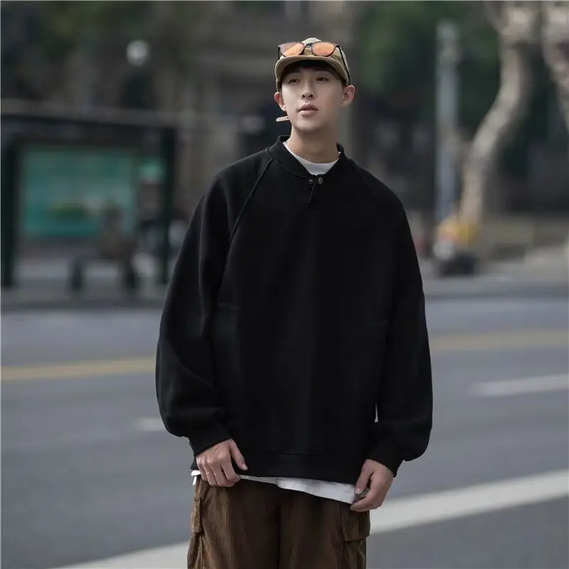 2025 Autumn New Men's Solid Round Neck Long Sleeve Hoodie Sweatshirt Korean Fashion Oversized Loose Pullover Tops Streetwear Men