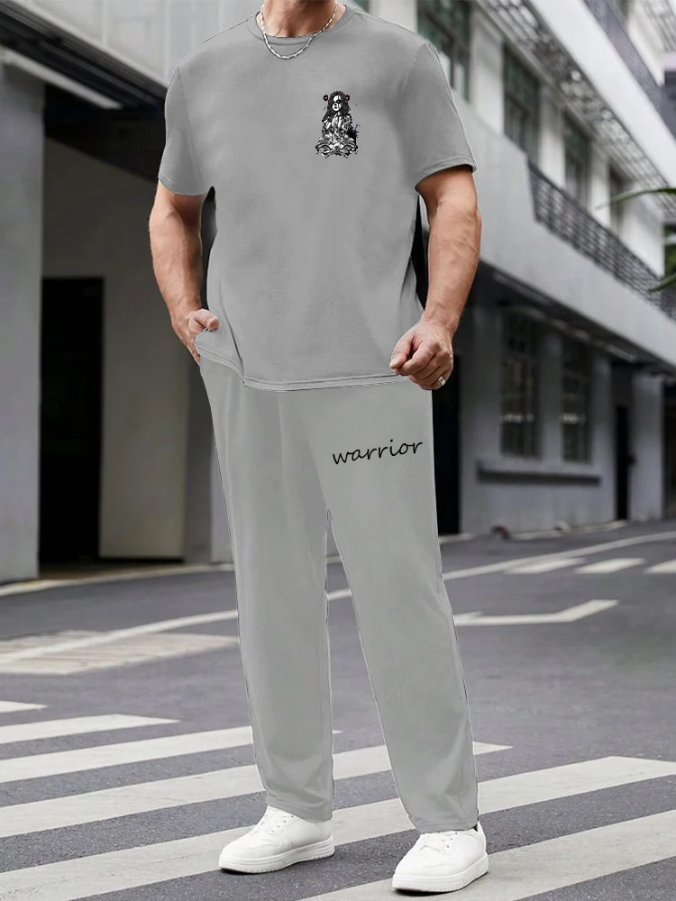 Men's Short Sleeve Long Pants Suit Hip Hop Punk Printed Pattern Round Neck Short Sleeve Suit Men's Outdoor Casual Clothing