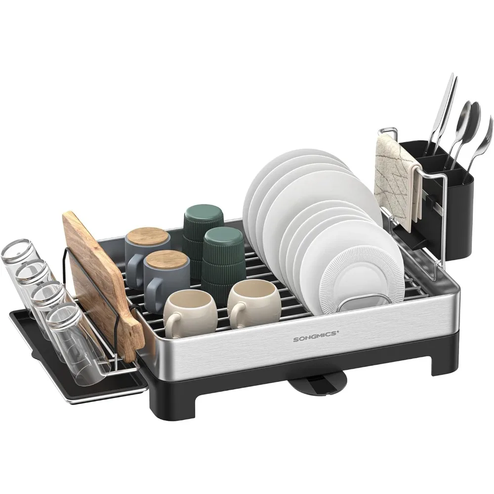 SONGMICS Dish Drying Rack, Stainless Steel Dish Rack with Rotatable Spout, Drainboard, Fingerprint-Resistant Dish Drainers for