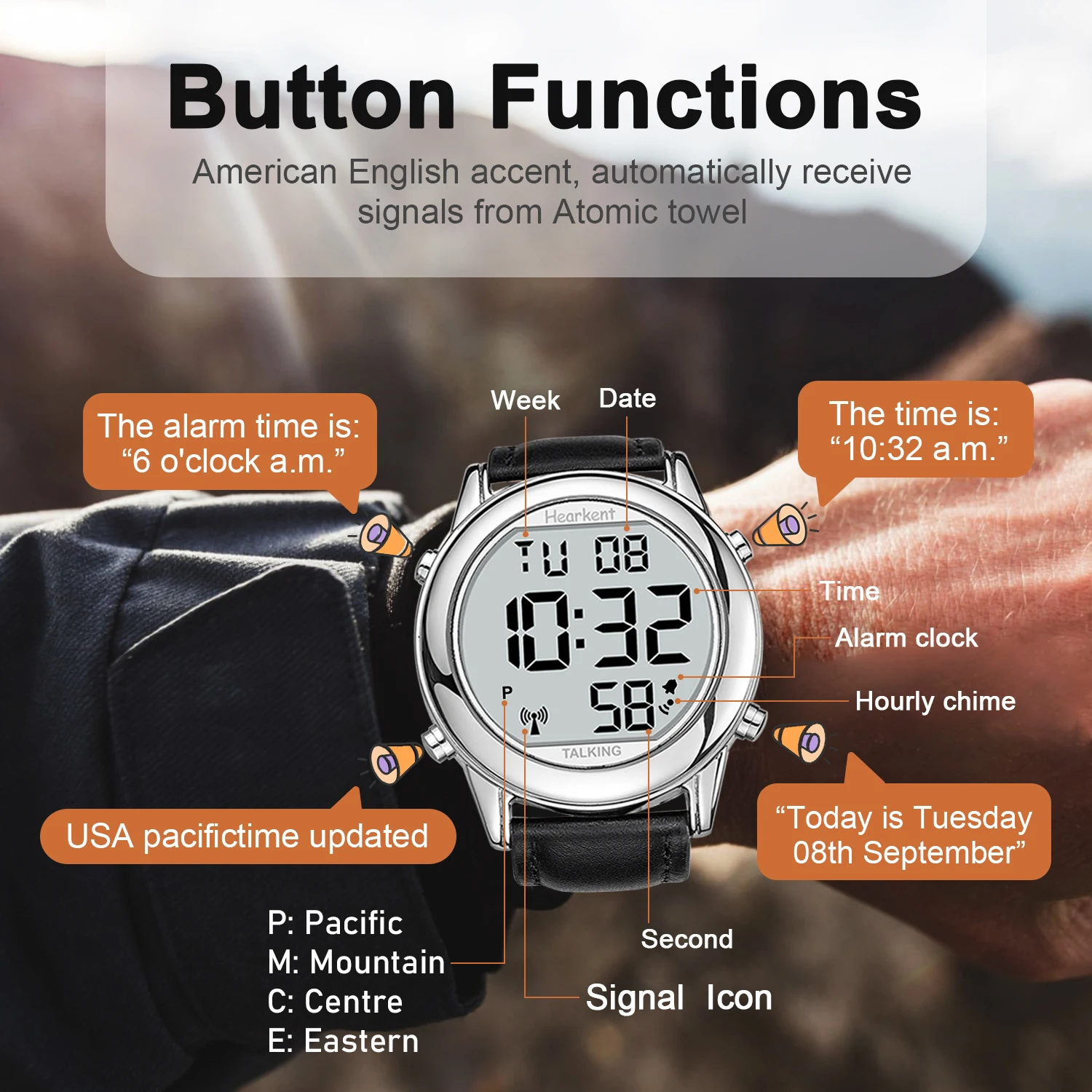 Hearkent Talking Watches for Blind Elderly Men\'s Clock Talking Time with Atomic Alarm Radio Wrist Watches Spanish/German/English