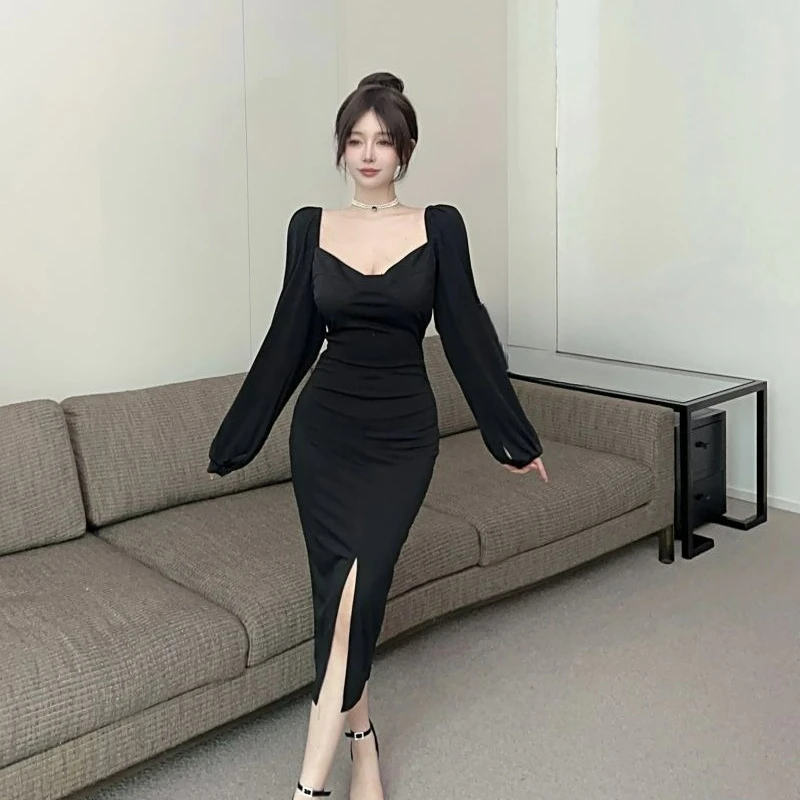 Retro Square Collar Design Dress Women's New Bubble Long-sleeved Slim and Thin Temperament Split End Sexy Hip Skirt Fashion