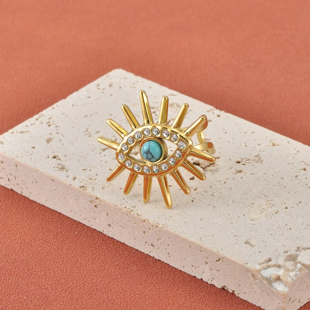JeeMango Edelstahl-Ringe mit türkisfarbenem Zirkon und Teufelsauge für Damen, vergoldet, rostfrei, Fingerschmuck, Party-Geschenk, R26017 – Detail 2
