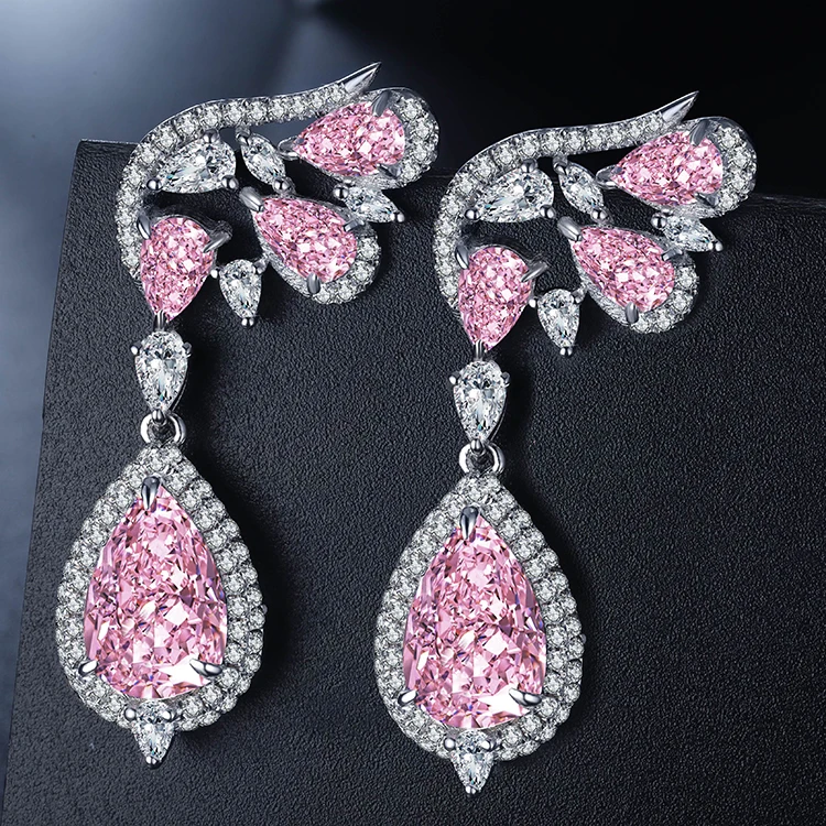 Silver Jewelry 925 Sterling CZ Stud Earring Pink Zircon Drop Fancy Wings Dainty Gemstone Earring