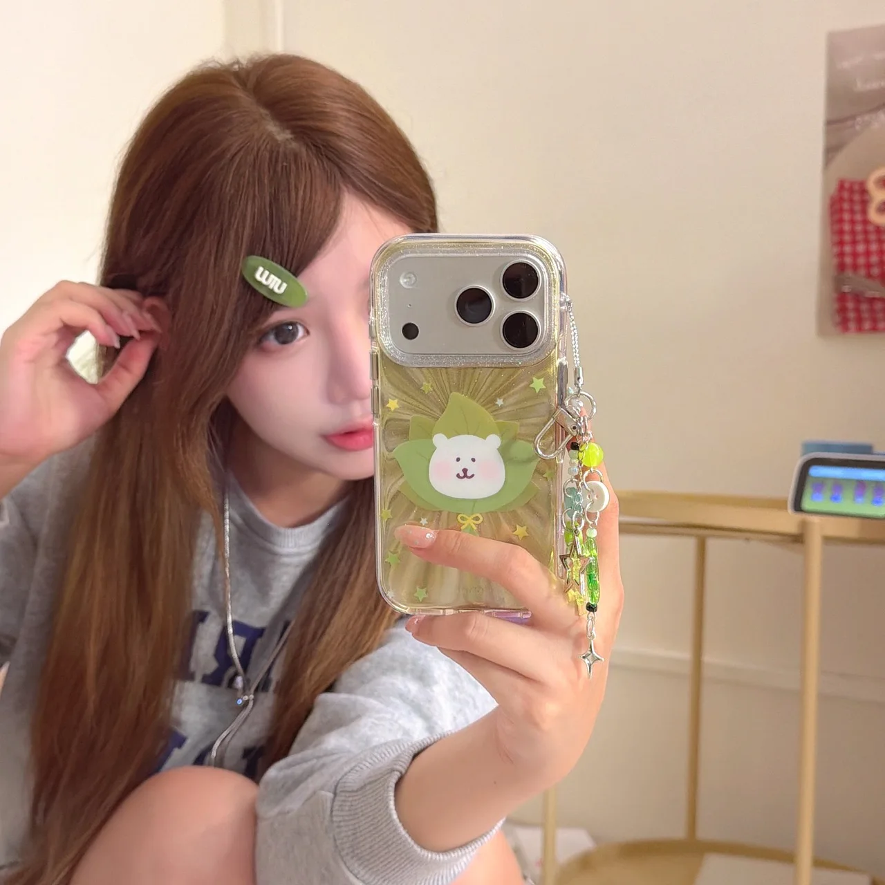 Round-Edge Airbag Double-Sided IMD Grapefruit Leaf White Bear Phone Case for iphone 17 Promax  16 15 14  13 Back Cover Gift