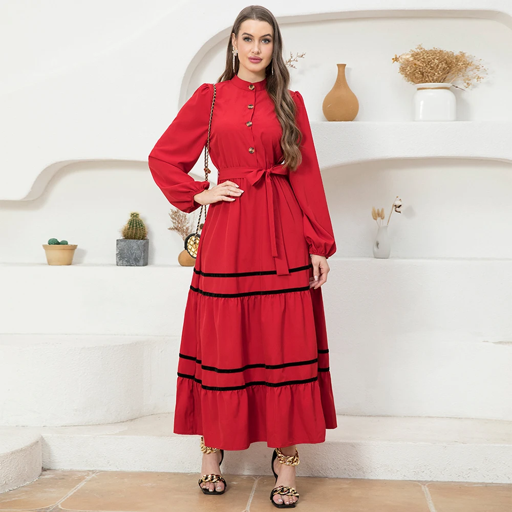 Sweet High collar Color contrast Solid color Buttons Ribbon Shirt sleeve Long Dresses