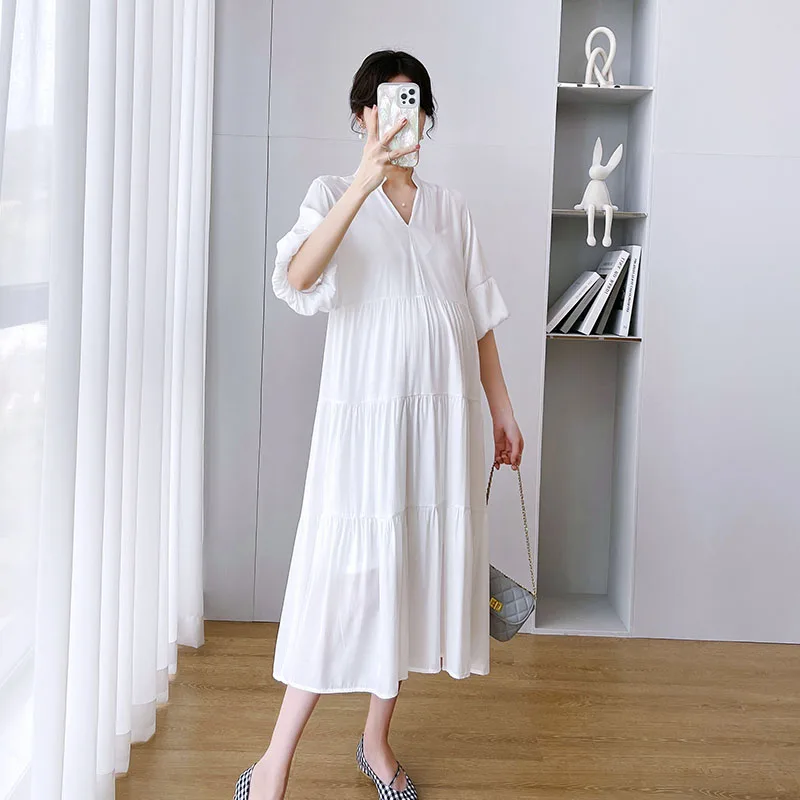 Summer Fashion Chiffon Maternity Long Dress Elegant Straight Loose Clothes for Pregnant Women Double Sling Inner Pregnancy