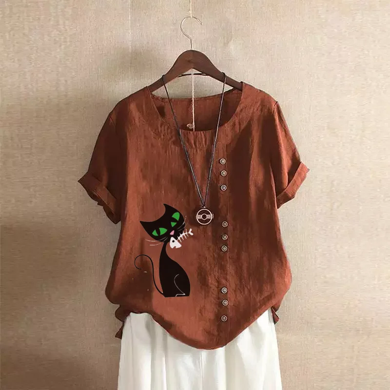 Woman Blouse 2024 Summer Retro Casual Loose Fitting Cotton And Linen Short Sleeved Pullover Shirt Ladies Botton Cat Print Tops