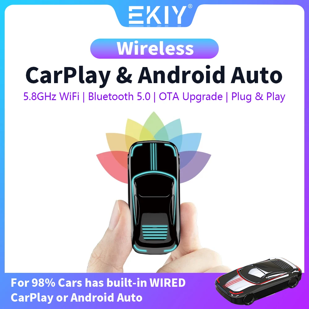 

EKIY Mini RGB Ai Box Wireless Carplay Dongle Android Auto Adapter Fast Connect Universal USB Automatic For Wired Apple Carplay