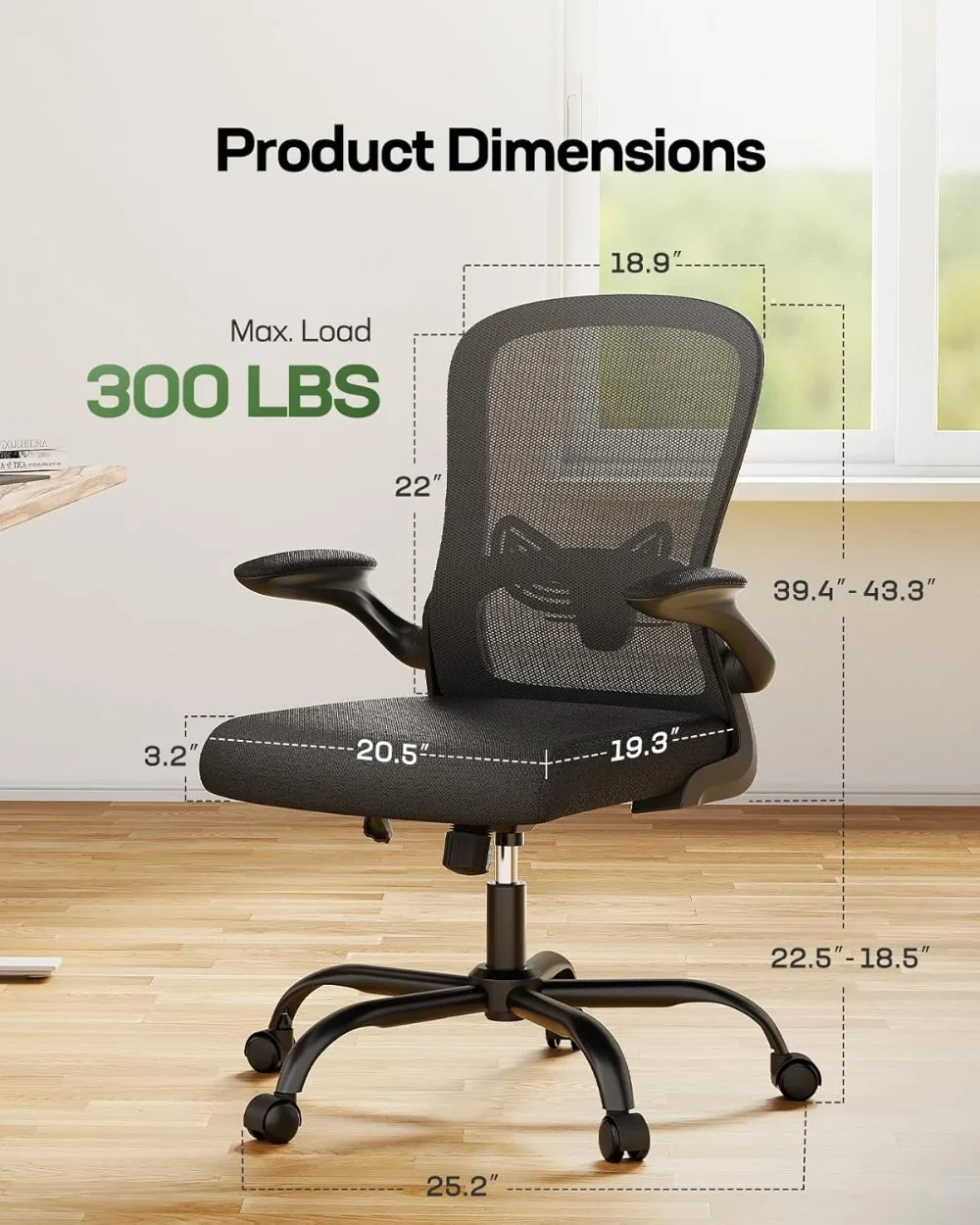 Office Chair Ergonomic-Desk Chair: Mesh Back Home Office Chair with Adjustable Lumbar Support, Computer Desk Chair with Flip-up