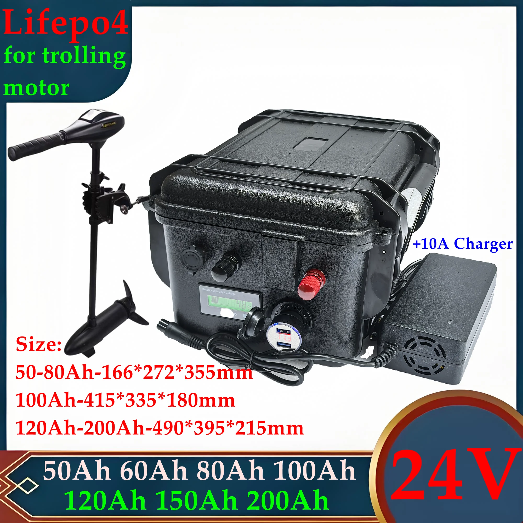 

Batterie au lithium étanche Lifepo4, 24V, 50Ah, 60Ah, 80Ah, 100Ah, 120Ah, 150Ah, 200Ah, BMS pour moteur de pêche à la traîne Si