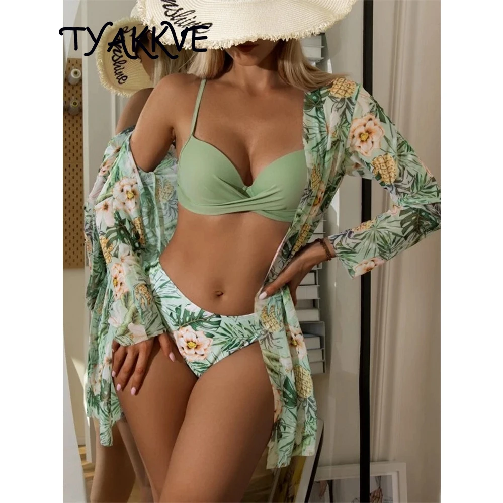 2024 Long Sleeve 3 Piece Push Up Bikini Set Women's Swimsuit Cover-ups Swimwear Woman Sexy Print Bathing Suit Beachwear Monokini