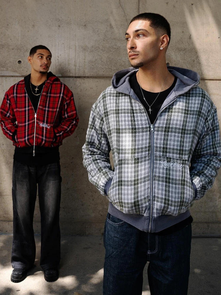 Harajuku Gothic Retro Style Zipper Double-Sided Hooded Sweatshirt Checkered Jacket Y2K Fashion Autumn/Winter Fashion Item