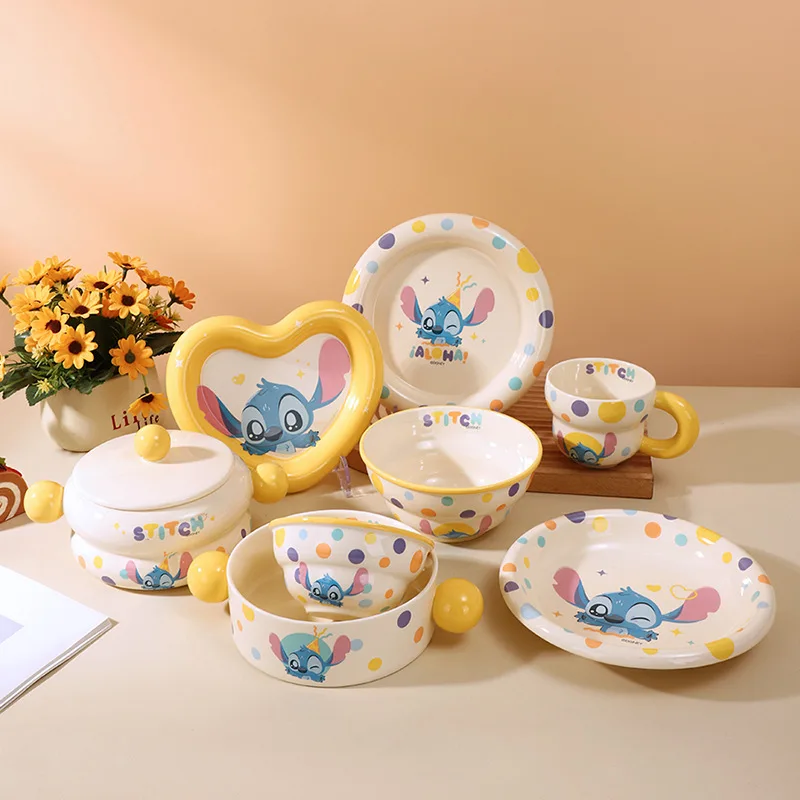 アニメディズニーステッチセラミックライスボウルアニメ漫画マグカップインスタントラーメンボウルラブプレートセットかわいいステッチホームデコレーションガールギフト