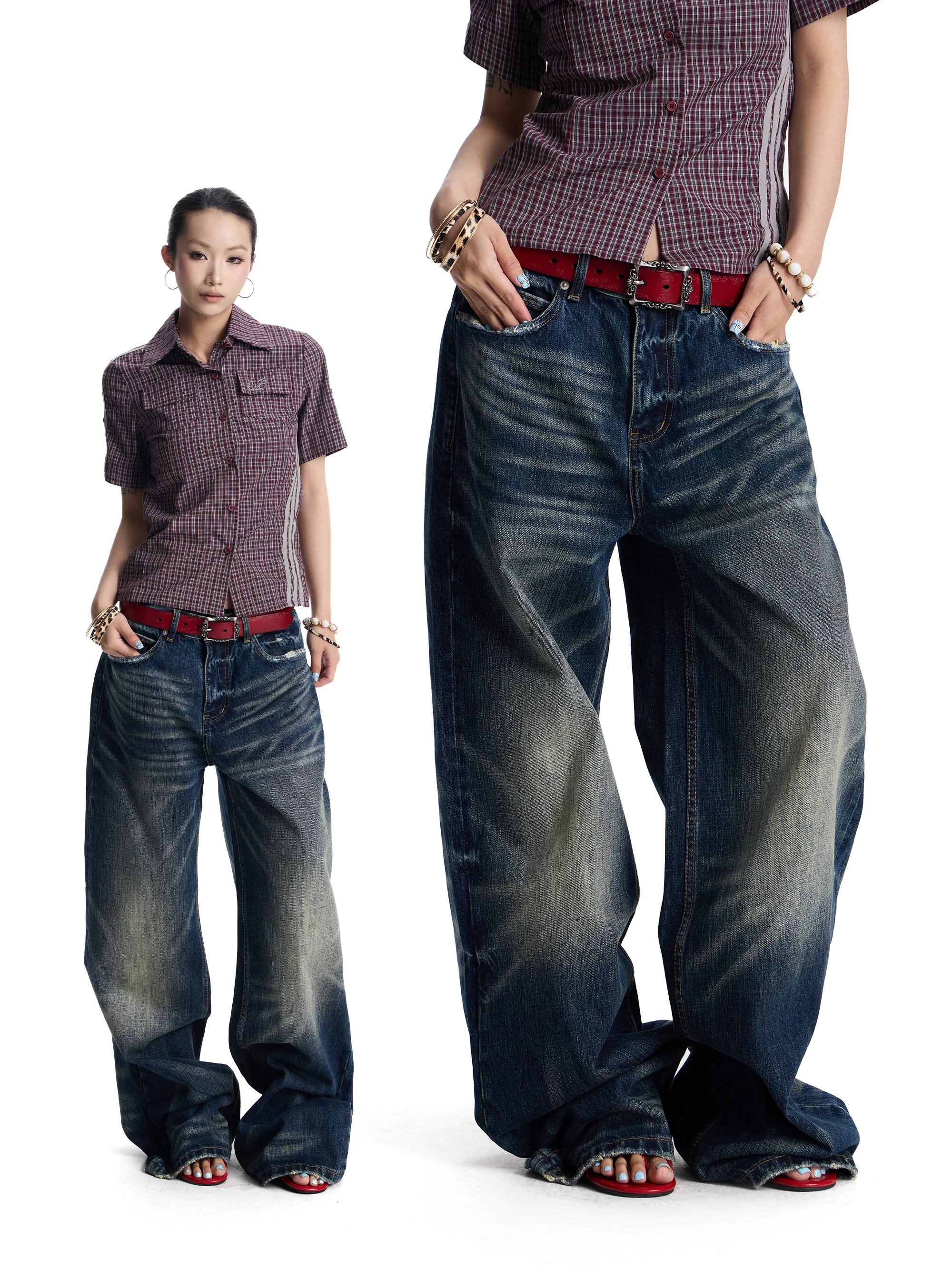 

Antsstna American Retro Washed Blue Wide Leg Jeans Low Waist Draped Loose Floor-Length Pants Cotton Natural Waist Button Closure