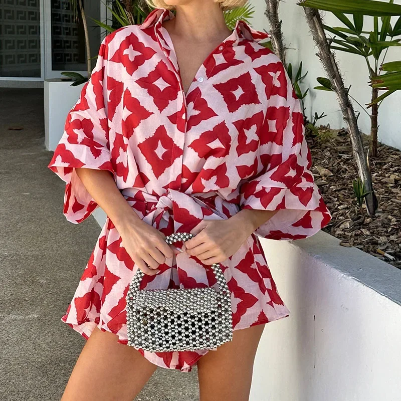 LIBIELIY Elegant Print Lace-up Waist Short Jumpsuits Fashion Lapel Single-breasted Shirt Romper Women Casual Bat Sleeves Loose P