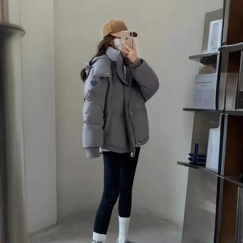 

New Korean-style Grey Heart-shaped Short Down Cotton-padded Jacket for Women in Winter Student Plus-size Couple's Bread Jacket
