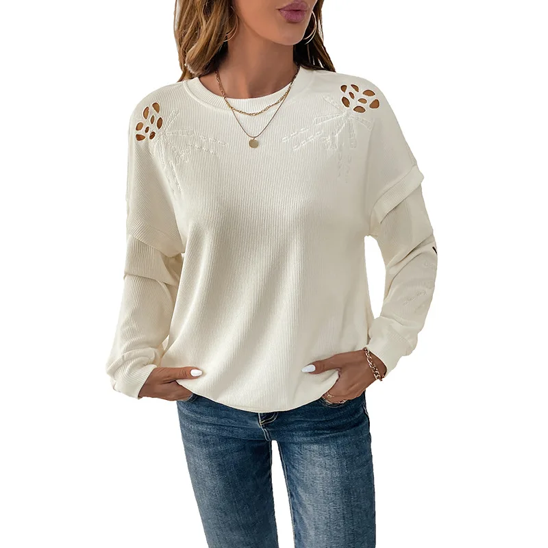 2025 Nuova felpa con cappuccio girocollo casual a maniche lunghe con texture pullover top patchwork ricamato