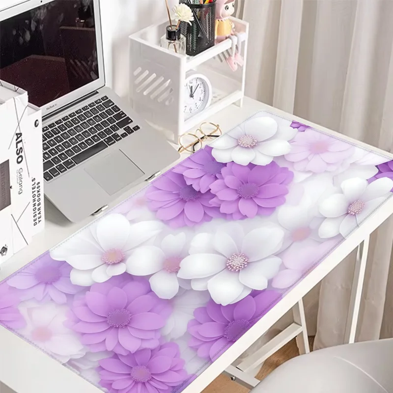 

Floral Elegance Large Gaming Mouse Pad - 35.4X15.7 Inch, Non-Slip Rubber Base, Stitched Edges, White & Purple Desk Accessory, Id