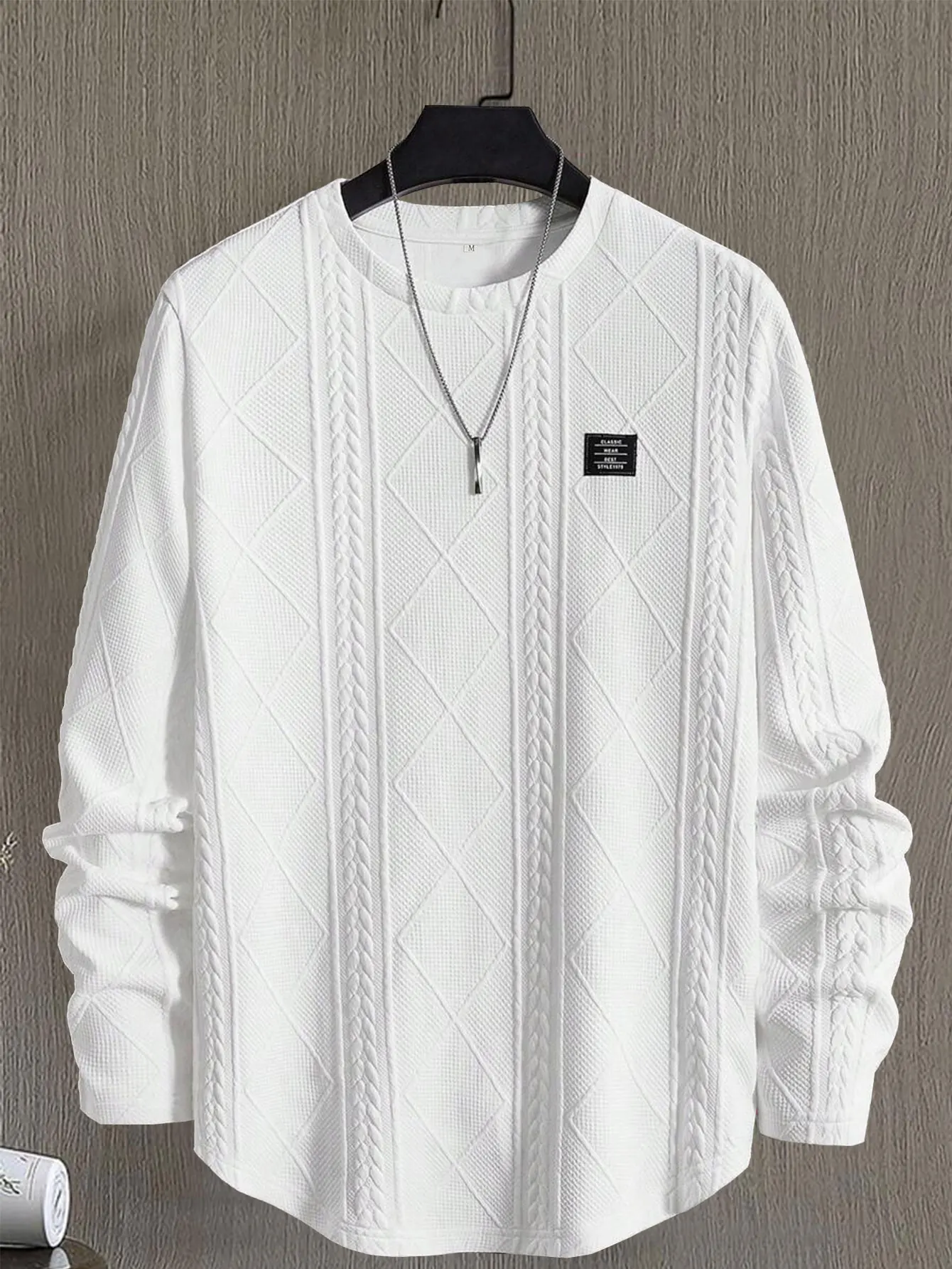 Tops de punto con textura y detalle parcheado de ajuste Regular para hombre, camiseta informal de manga larga con cuello redondo para todas las estaciones, Top de punto a la moda para hombre