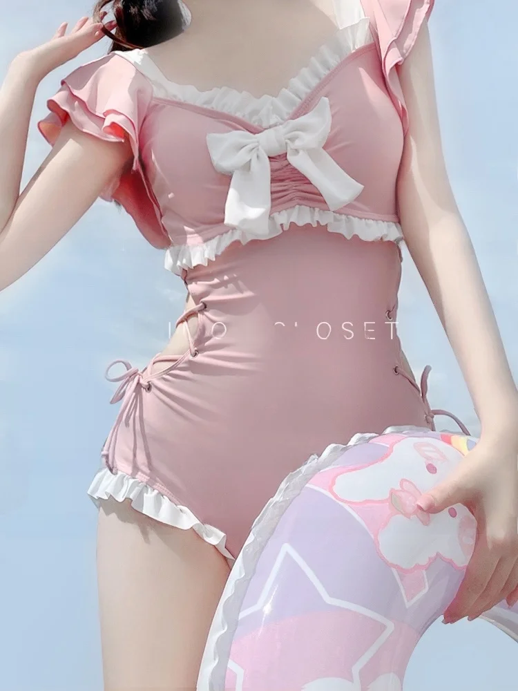 

Mimoi Closet Pink Bowknot Pure Desire Sle Cute Japanese Girl's Swimming Suit Women's One-piece Swimsuit Beach Casual Swimwear