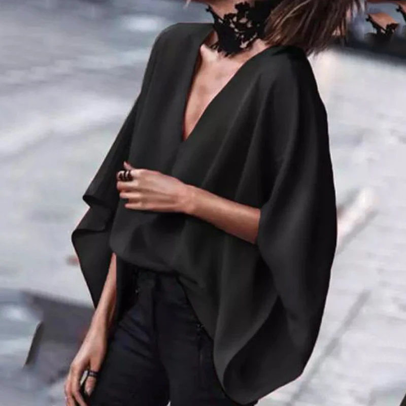 Women Fashion Casual Solid Color Deep V-Neck Blouses 2024 New Spring Summer Batwing Sleeves Loose Shirts Tops