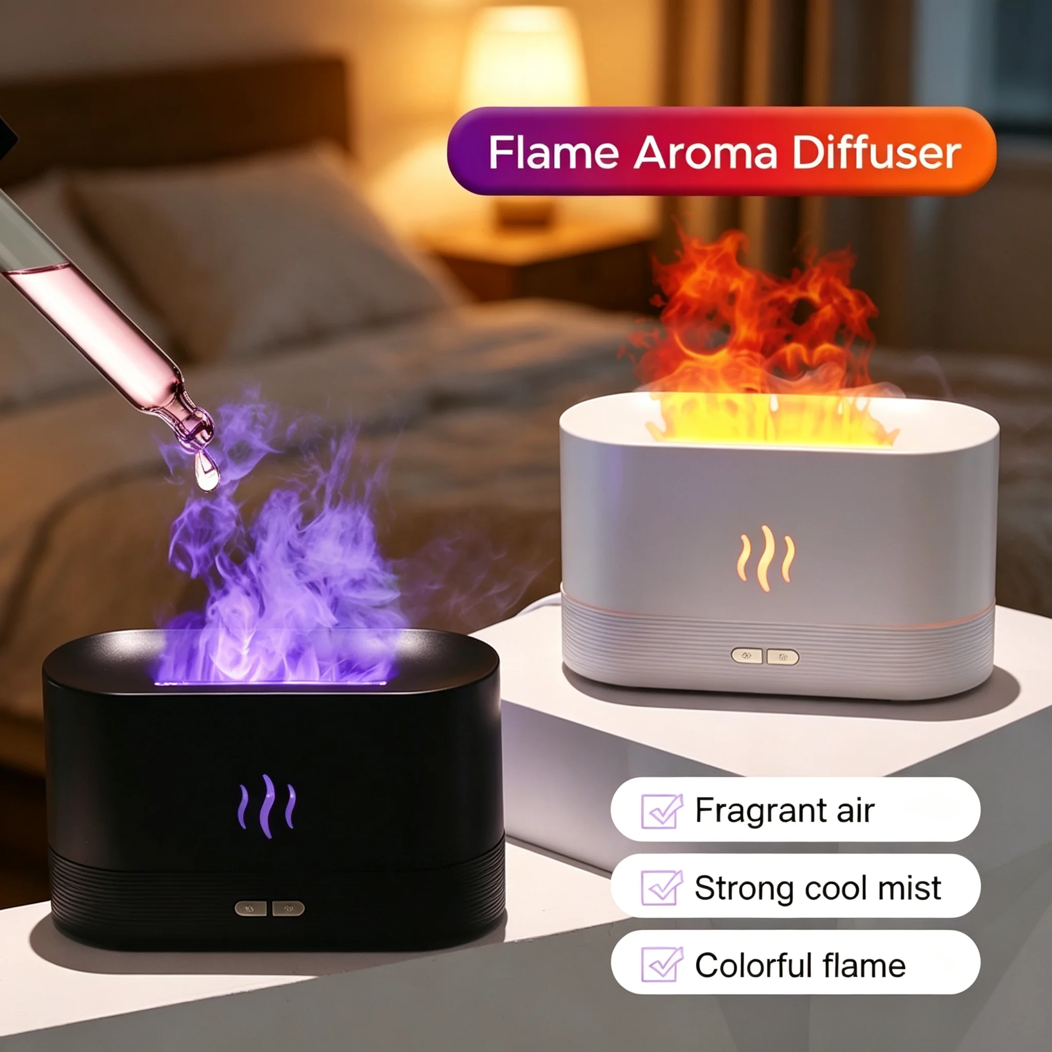 Simulation Flame Aroma Diffuser USB Cool Mist Humidifier Color Flame Night Light Essential Oil Diffuser for Home Bedroom Gift