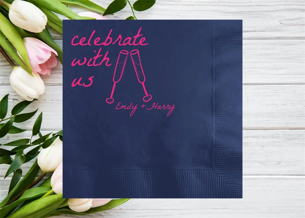 50PCS Celebrate with Us Champagne Glasses Personalized Wedding Napkins, Custom Hand Drawn Cocktail Napkins, Engagement Party, Re