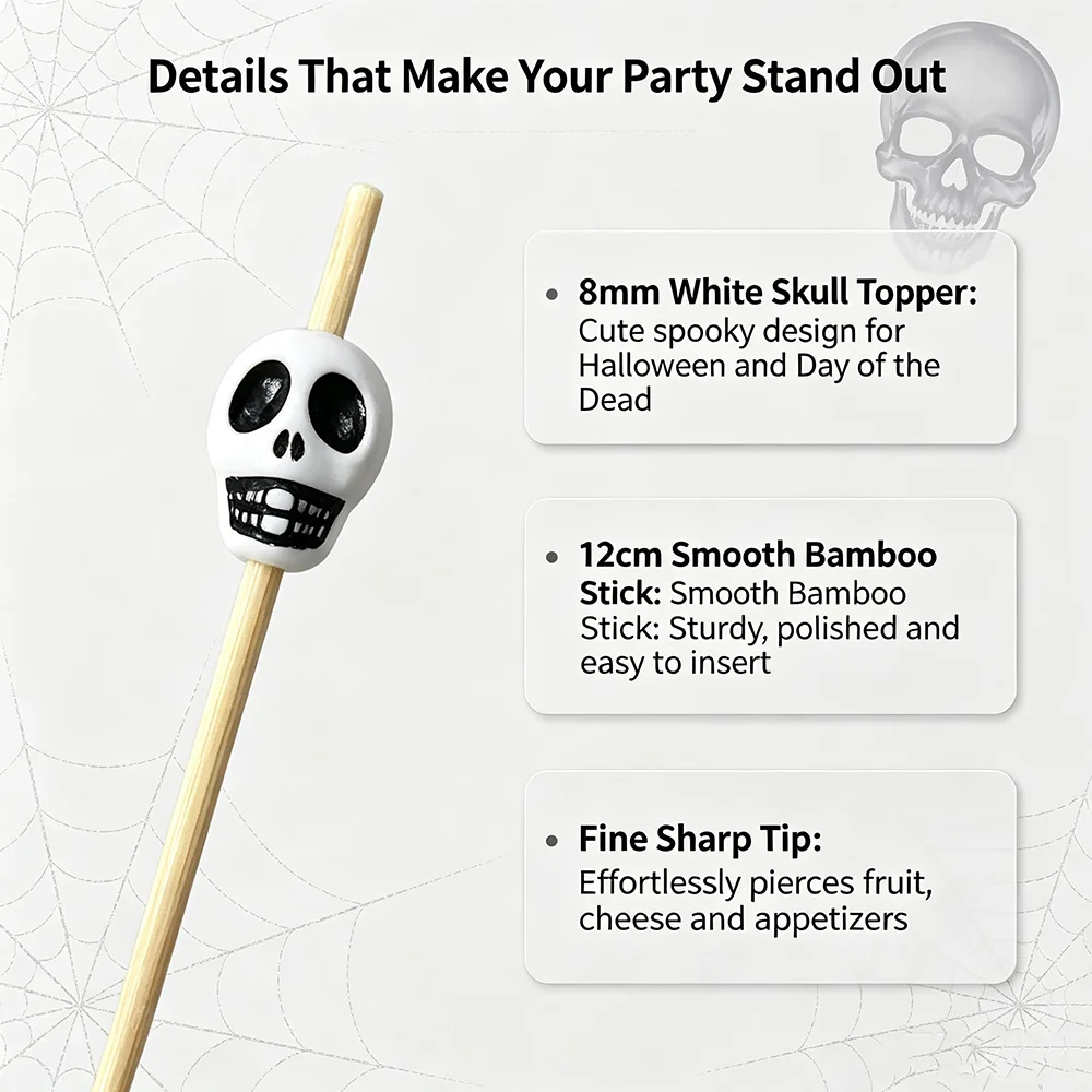 12cm Bamboo Cocktail Picks with 8mm White Skull Toppers Skeleton Fruit Toothpicks Halloween Day of The Dead Party Food Picks - view 2