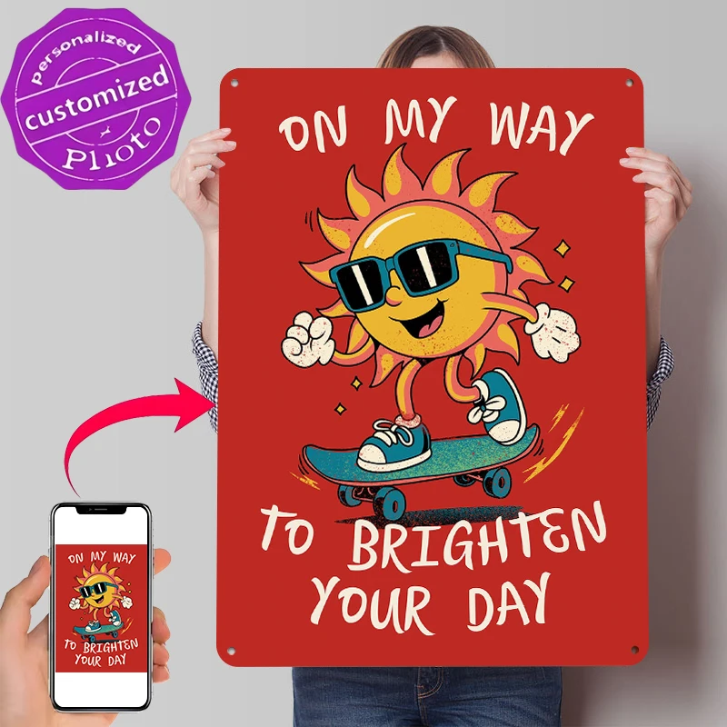 Skateboarding Sun Brightening Your Day Metal Poster Customized Wall Art Retro Vintage Metal Signs for Man Cave Office Decoration