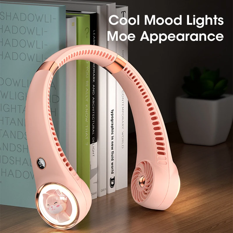 Wentylator na szyję z uroczym cyfrowym wyświetlaczem wiatraczek bez ramiączek z pałąkiem na szyję, przenośne Mini chłodnica powietrzna wentylatory elektryczne z akumulatorem USB