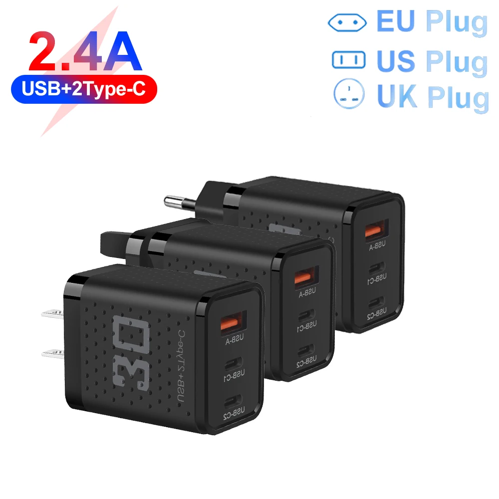 3 Ports USB Charger 30W Fast Charging Type C Wall Charger For iPhone Samsung Xiaomi Huawei Quick Charge EU/US Plug Phone Charger