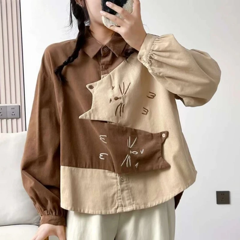 

Autumn New Vintage Cartoon Cat Corduroy Shirt Women Casual Y2k Long Sleeve Loose Blouses Female Korean Sweet Patchwork Tops