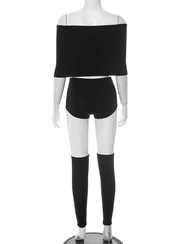 Conjunto Sexy de tres piezas para mujer, pantalones cortos, Top corto con hombros descubiertos, pantalones cortos ajustados y calcetines hasta la pantorrilla, trajes, chándal, ropa para discoteca, verano 2025