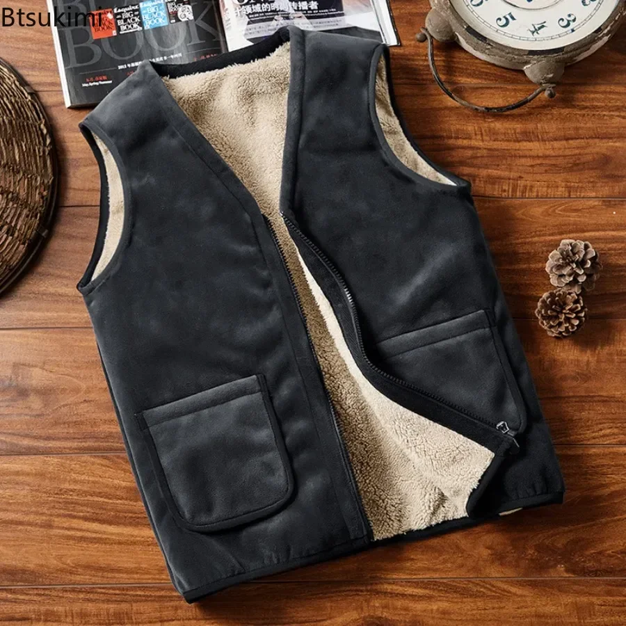 New Men's Thicken Lamb Fleece V-neck Vests Autumn Winter Warm Zipper Vest Coat Casual Sleeveless Pocket Jacket Waistcoat for Men