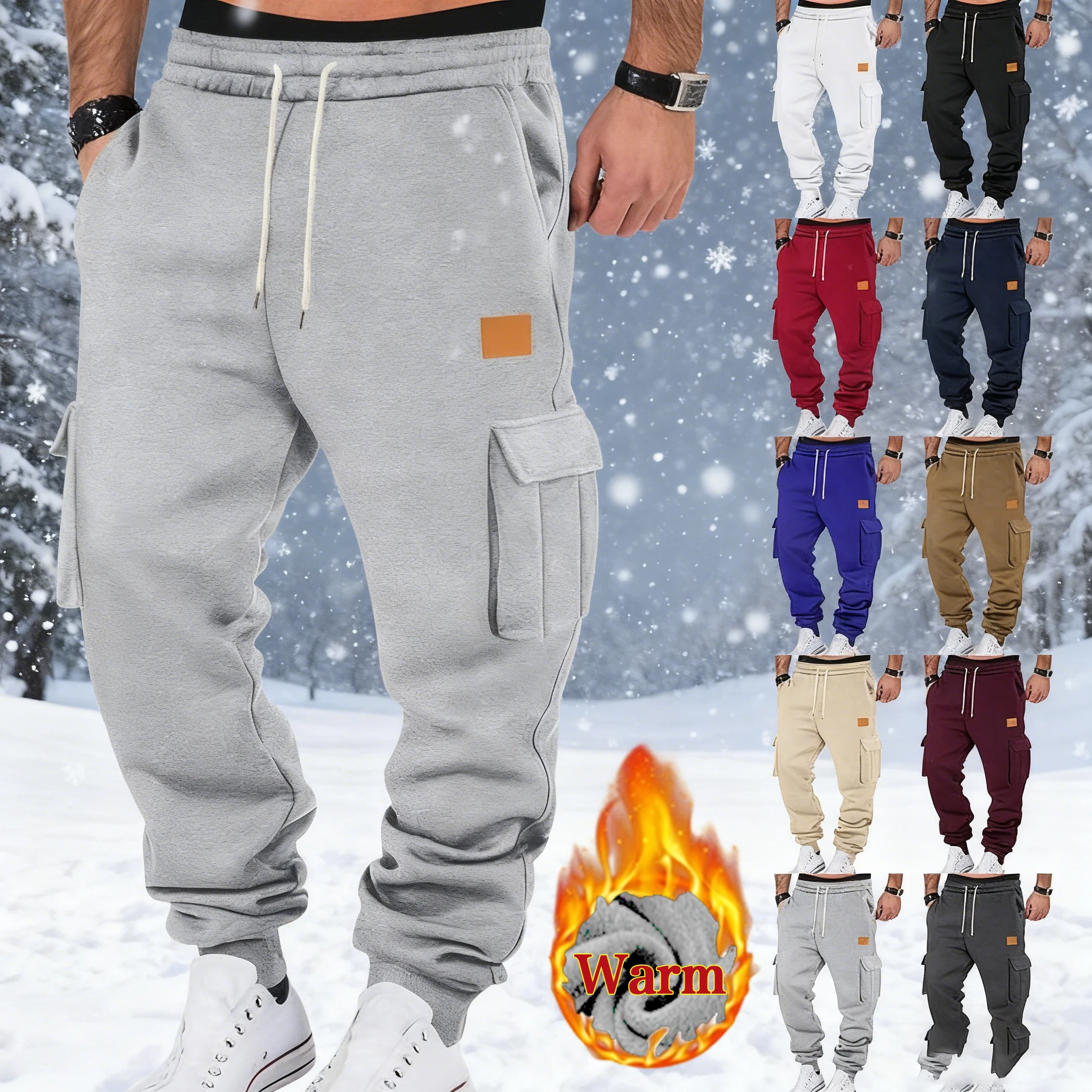 

Мужские повседневные свободные брюки-карго, осенне-зимние флисовые леггинсы с несколькими карманами, однотонные спортивные штаны, новый стиль 2025 г.