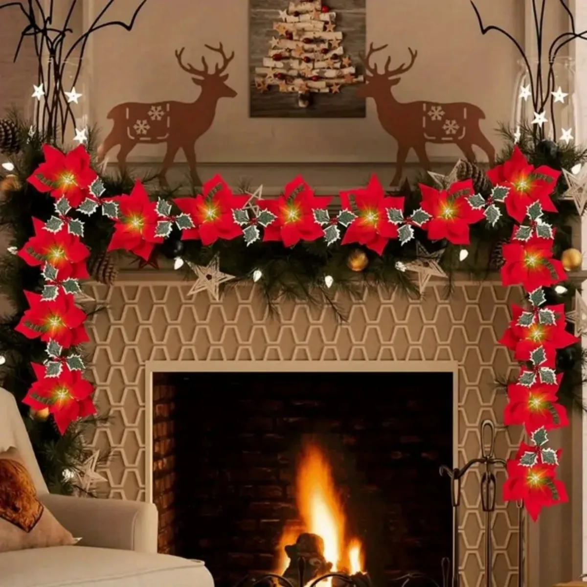 1pc Artificial Poinsettia Garland with Red Berries & Holly Leaves Battery Powered Perfect For Home Mantle Indoor Patry Decor
